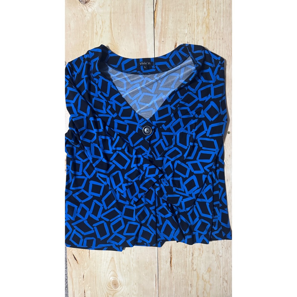 Vikki Vi Blue Black Geometric Diamond Print Single Button Cardigan Blouse Large